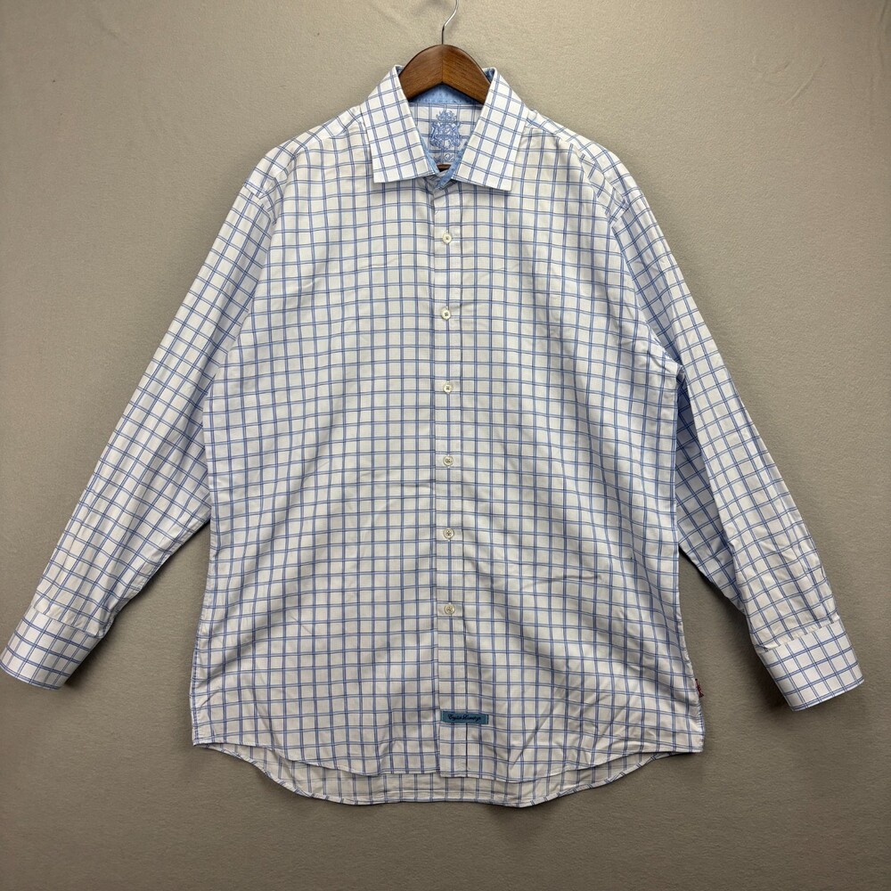 English Laundry Mens 17.5 34/35 Dress Shirt Blue White Windowpane Plaid